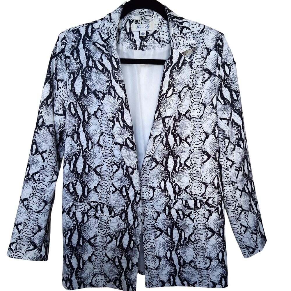 Black Gray Snakeskin-Print Longline Blazer Jacket Women's S